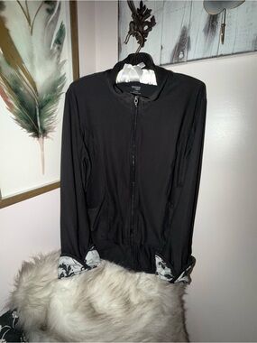 DANSKIN Active Zip Up Black With Floral Sleeve